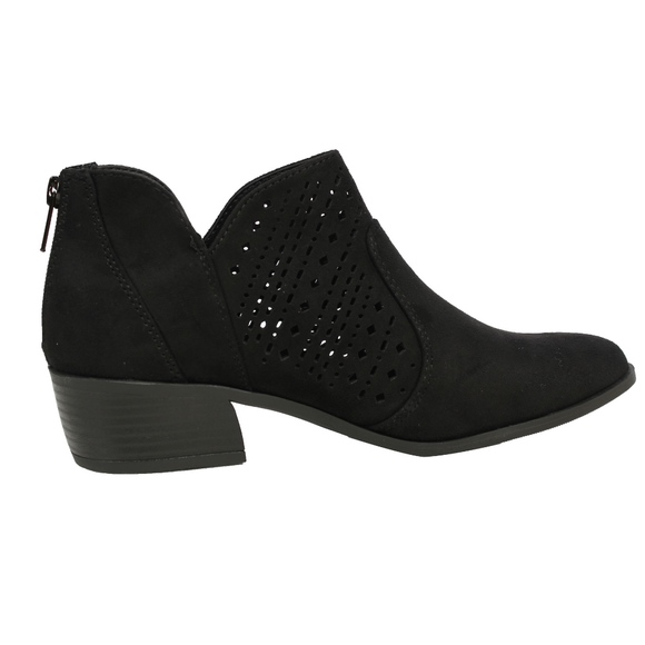 Black Faux Suede Perforated Low Heel Ankle Boot - Picture 2 of 6